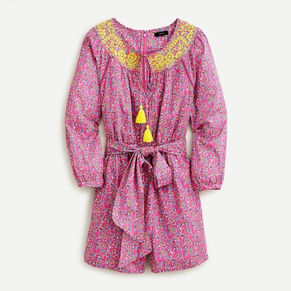 J Crew 0 Embroidered Romper Pink Vines Block Print AP193
